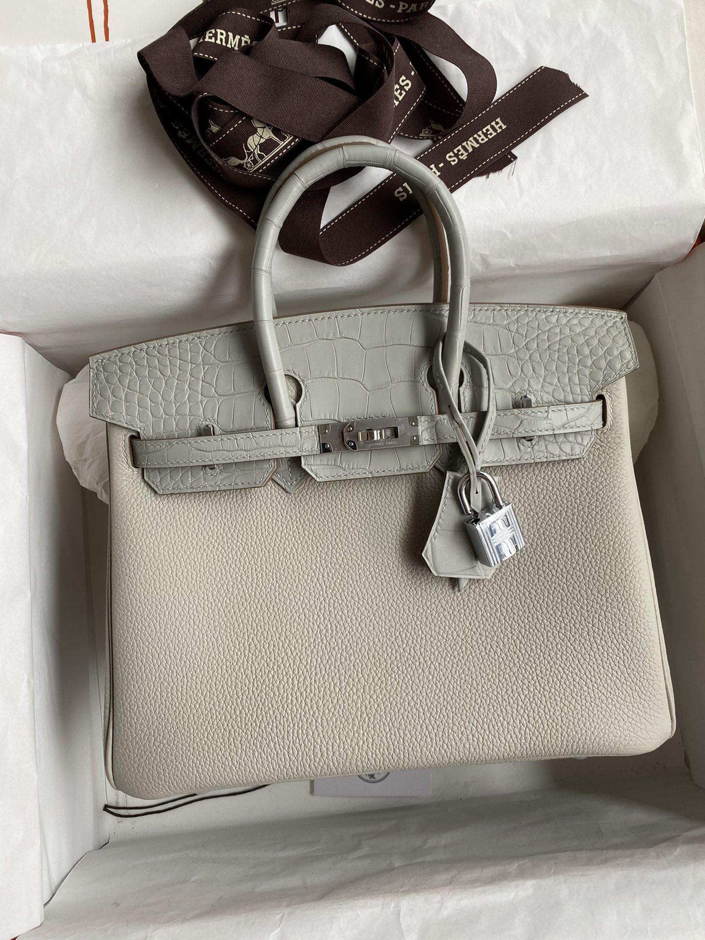 Hermes Touch Birkin 25CM Bag In Pearl Grey Togo and Matte Alligator Crocodile Leather